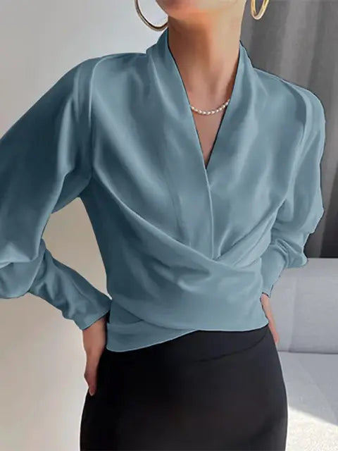 Women's Draped V-Neck Blouse - Effortless Elegance