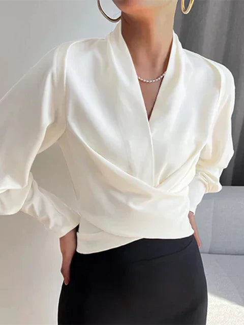 Women's Draped V-Neck Blouse - Effortless Elegance