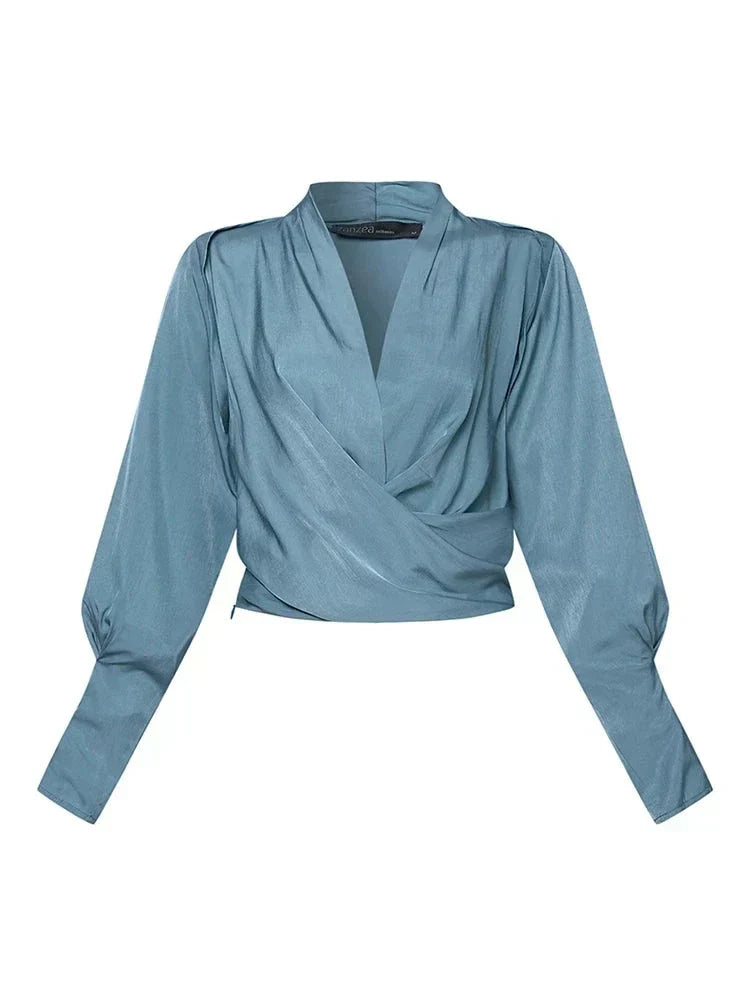 Women's Draped V-Neck Blouse - Effortless Elegance