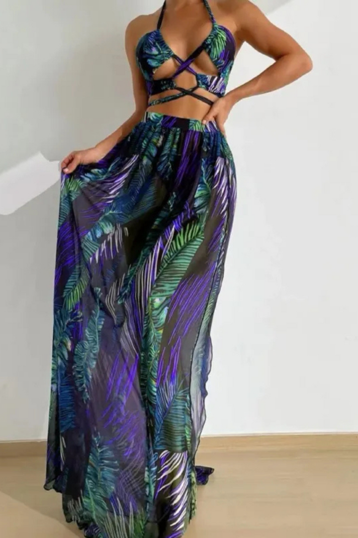 Women's Printed Three-Piece Swimsuit Set - Elegant Beach Cover-Up