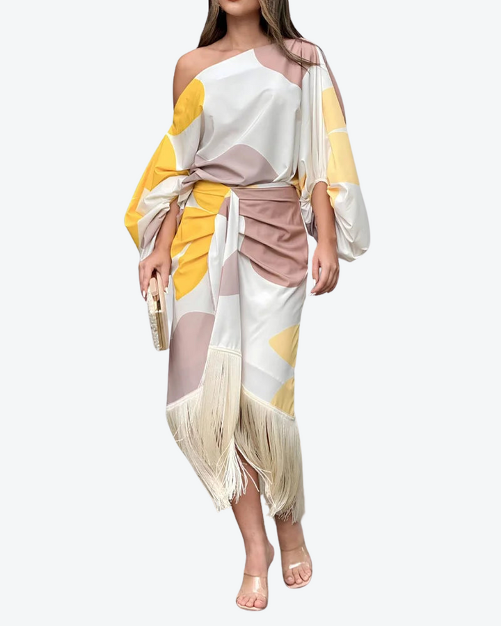 Women's One-Shoulder Fringe Two-Piece Set - Effortless Evening