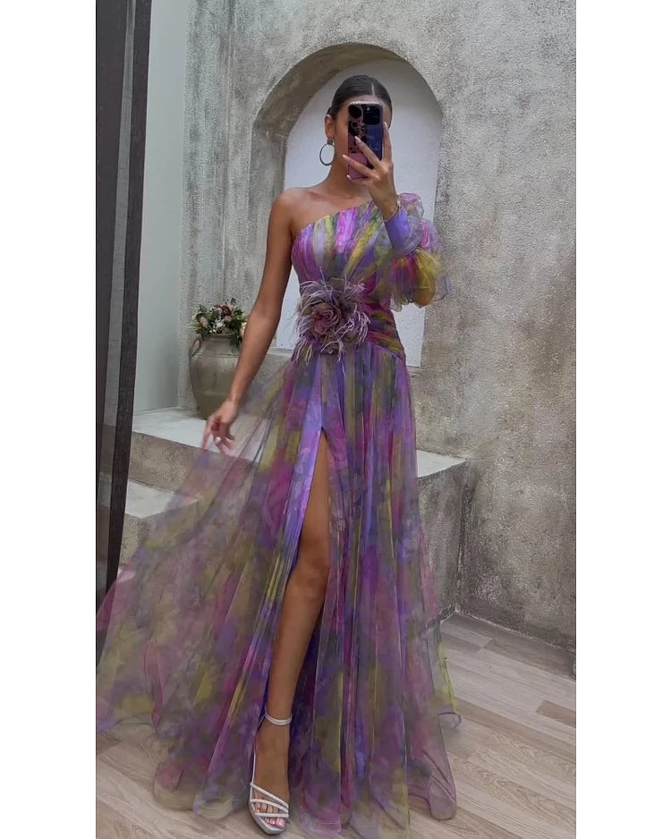 Women's Asymmetric One-Sleeve Slit Dress - Elegant Formal Event Wear