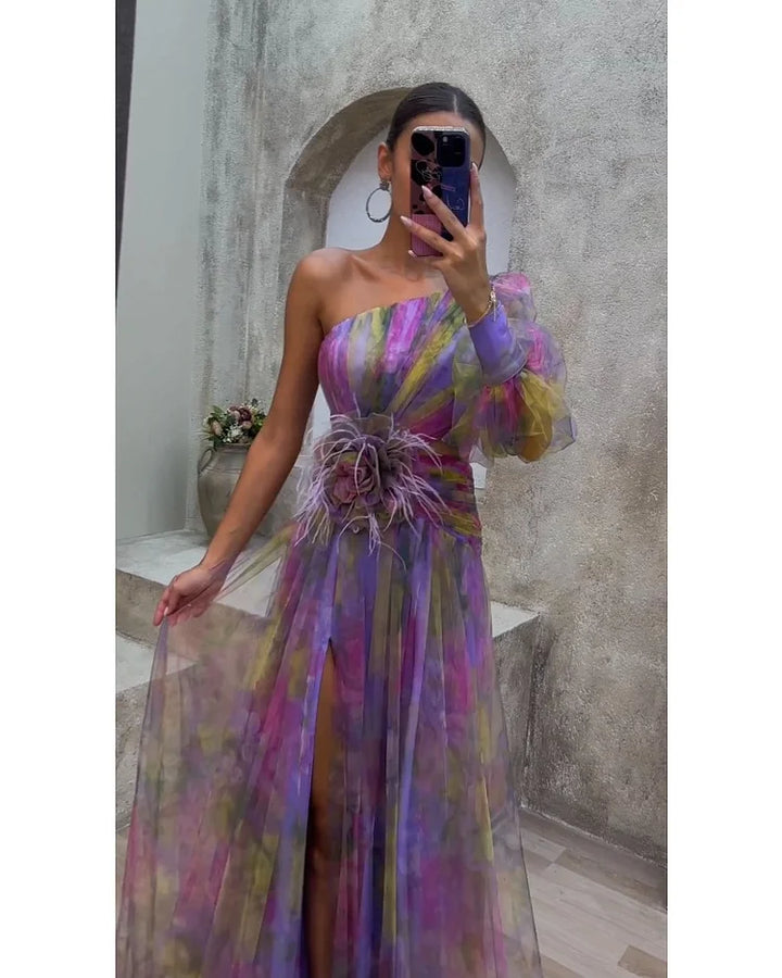 Women's Asymmetrical One-Sleeve Split Dress - Elegant Evening Wear