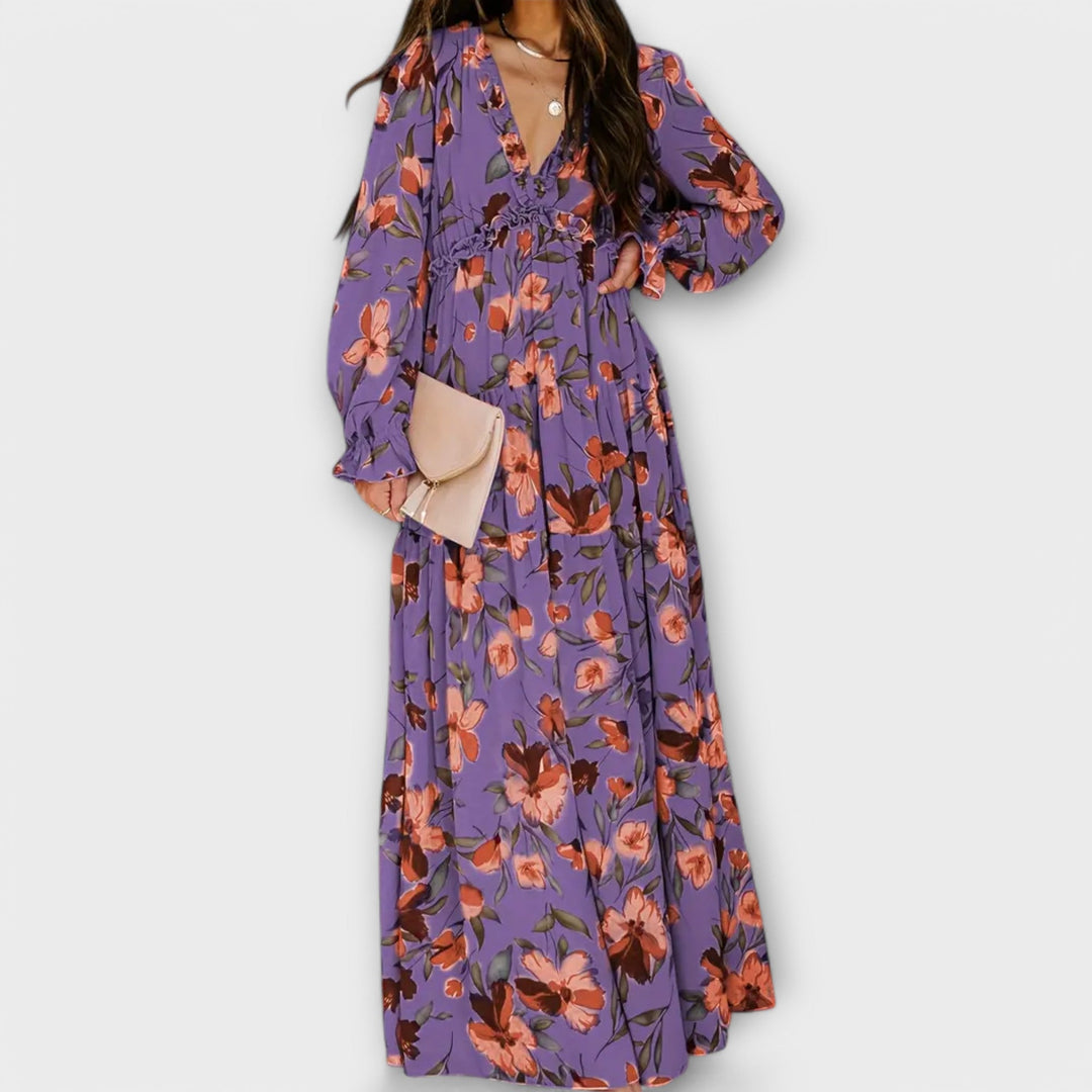Women's Floral Maxi Dress - Graceful V-Neck & Long Sleeves