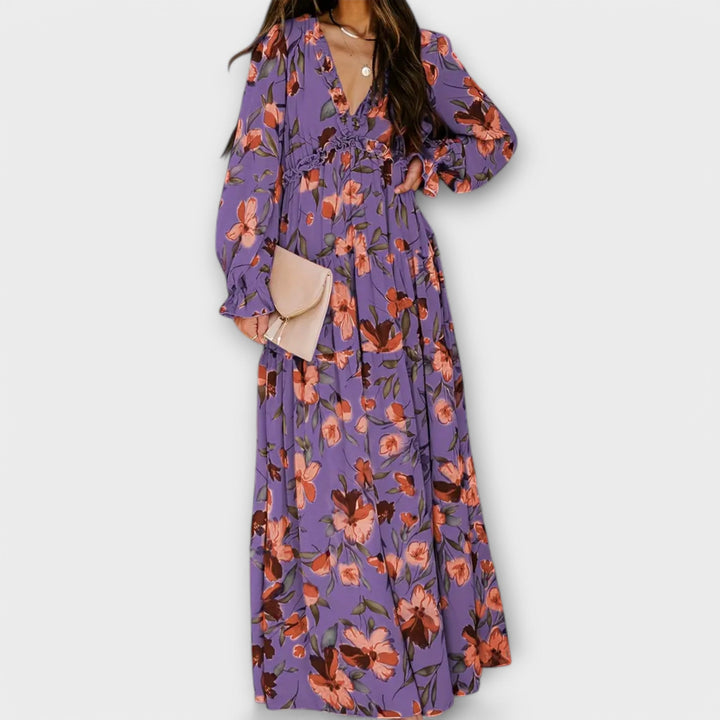 Women's Floral Maxi Dress - Graceful V-Neck & Long Sleeves