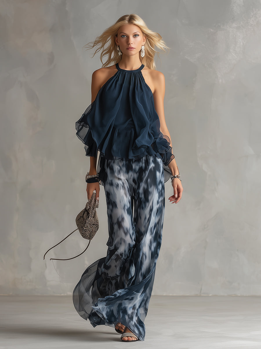 Women's Navy Halter Top & Printed Chiffon Pants Set - Evening Elegance