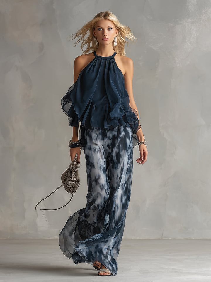 Women's Navy Halter Top & Printed Chiffon Pants Set - Evening Elegance