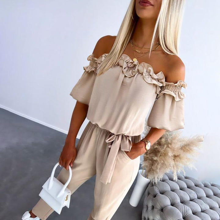 Women's Romantic Ruffle Off-Shoulder Jumpsuit - Effortless Elegance