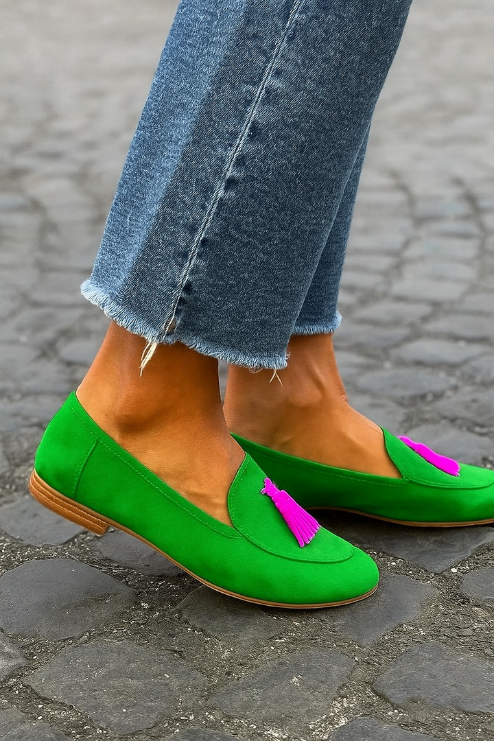 Women's Green Loafer with Fuchsia Tassel - Bold Style