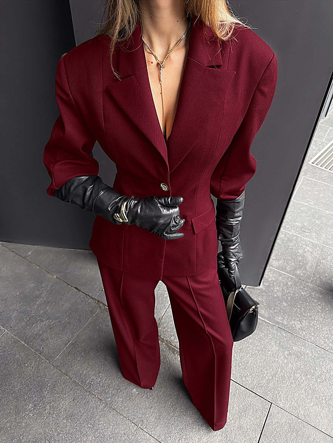 Retro Burgundy Padded-Shoulder Blazer + Trousers Set