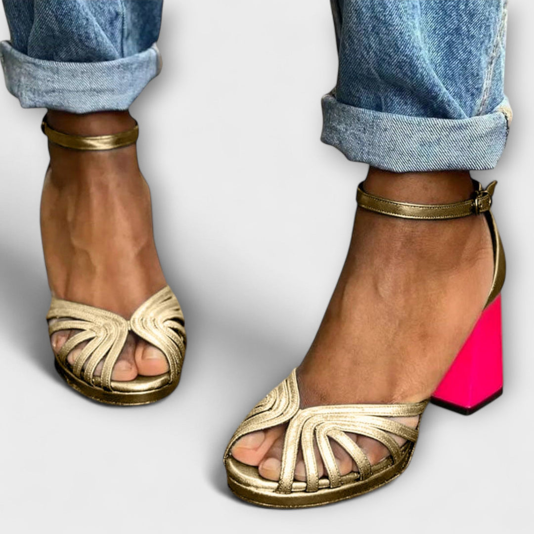 Women's Metallic Open Toe Block Heels - Glamorous for Weddings &