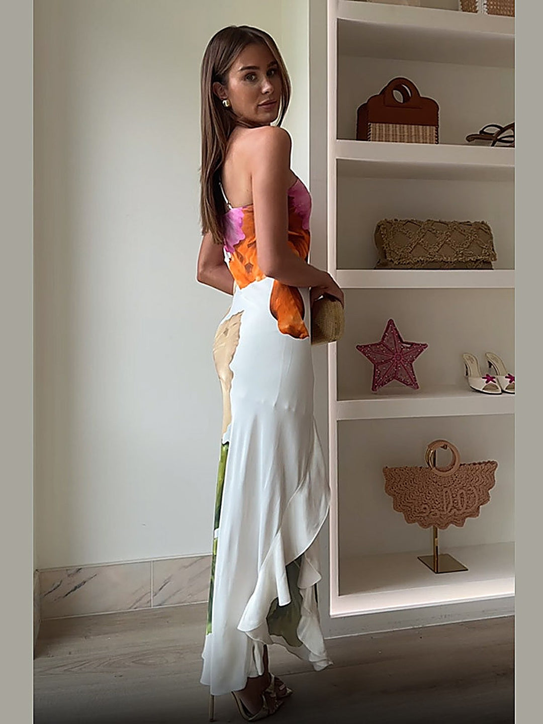 Printed Slit One-Shoulder Maxi Dress