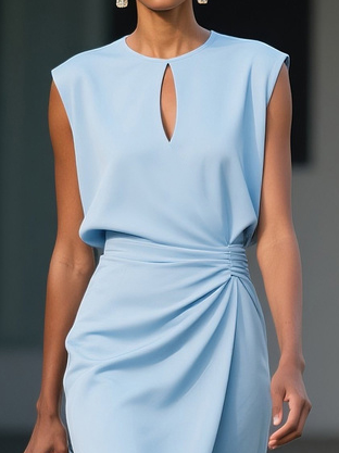 Women's Stretch Midi Dress with Side Drape - Effortless Elegance