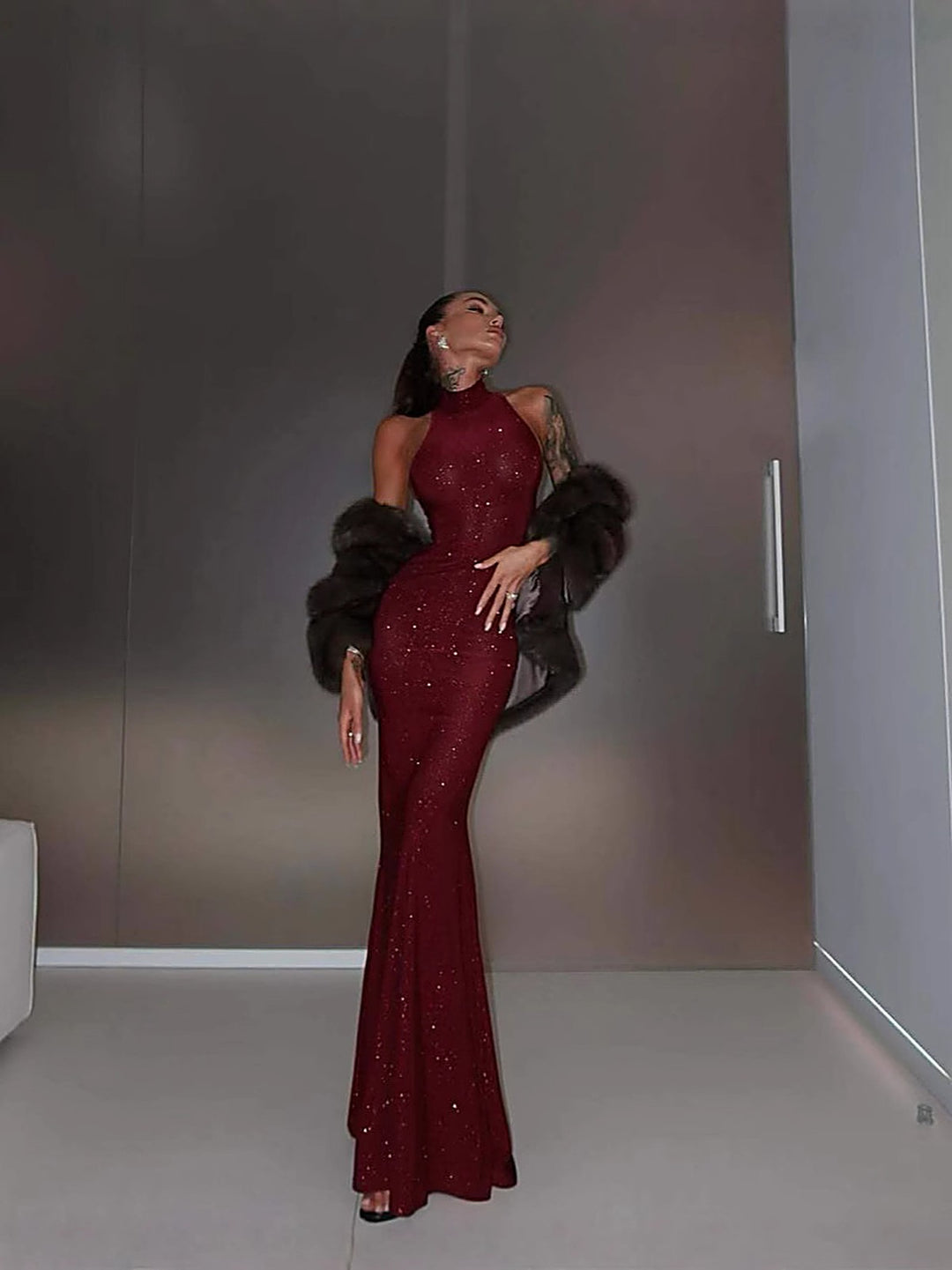 Wine Halter Fishtail Gown