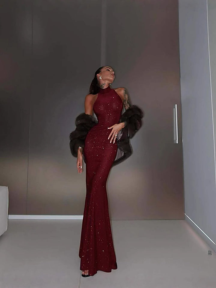 Wine Halter Fishtail Gown