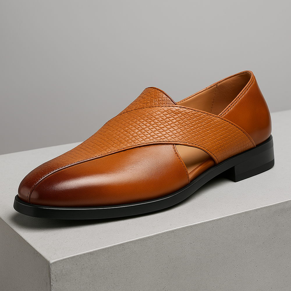Men's Leather Cross-Strap Loafers – Smart Casual Slip-On Shoes