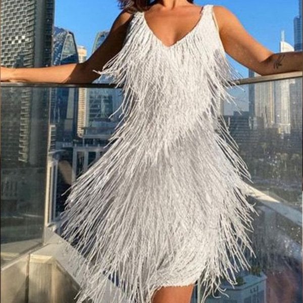 Women's Fringed V-Neck Party Dress - Striking & Festive