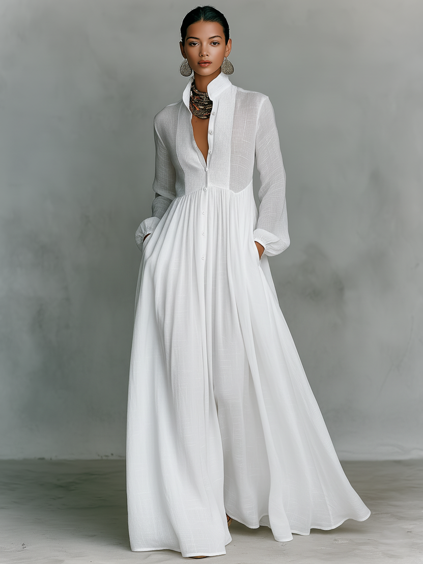 Women's Cotton Linen Maxi Dress - Elegant Patchwork Design