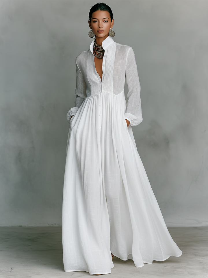 Women's Cotton Linen Maxi Dress - Elegant Patchwork Design