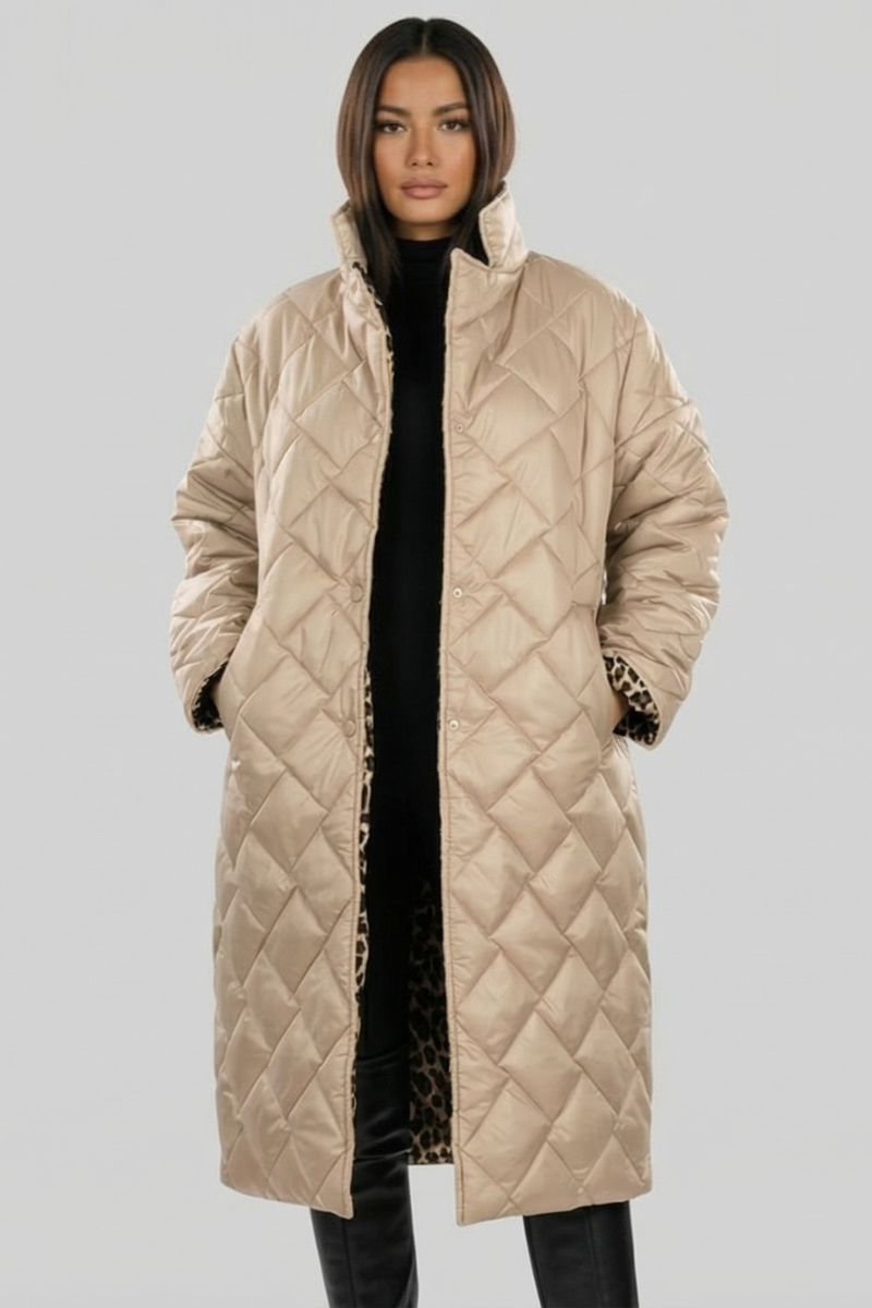 Women's Reversible Puffer Coat - Diamond-Quilted & Leopard Print