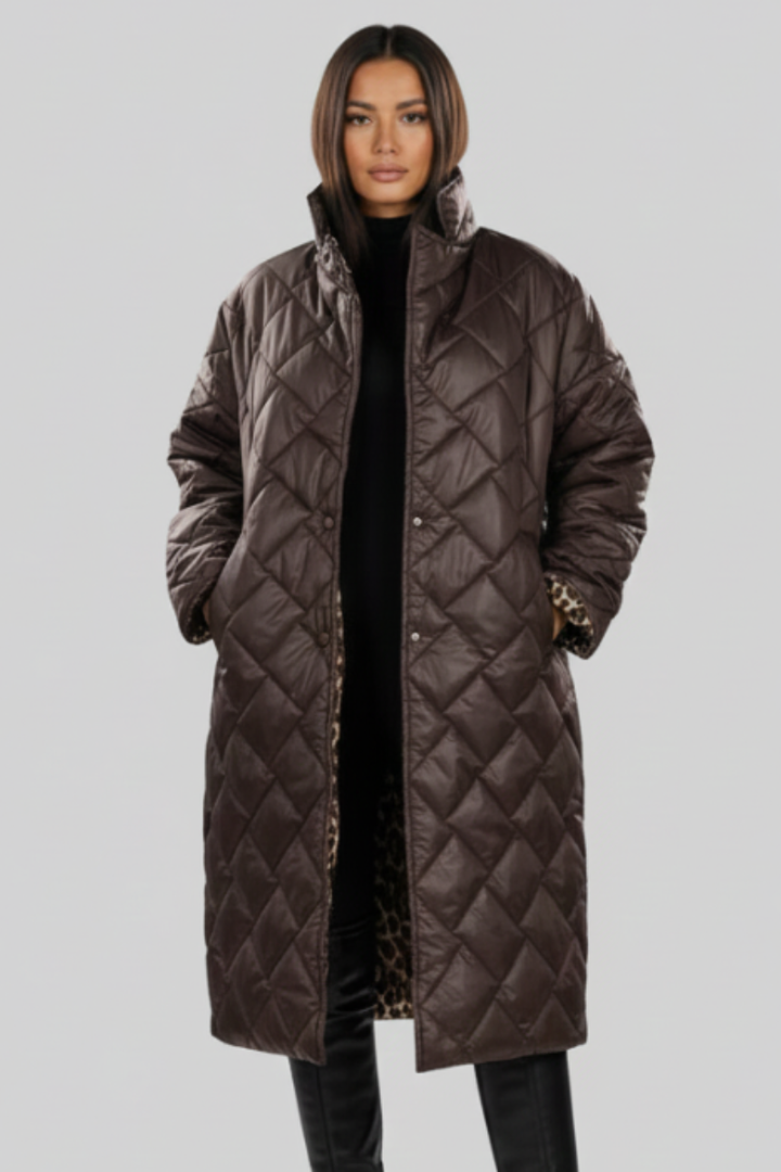 Women's Reversible Puffer Coat - Diamond-Quilted & Leopard Print