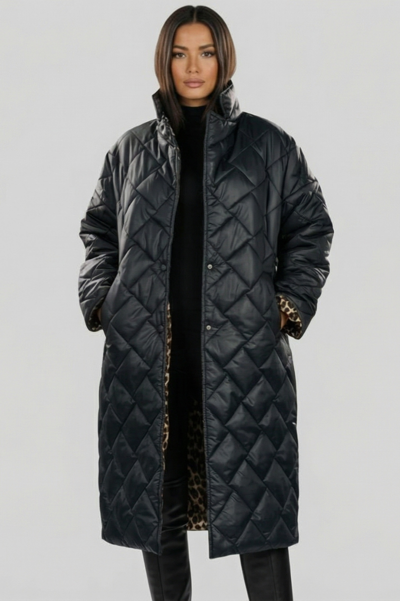 Women's Reversible Puffer Coat - Diamond-Quilted & Leopard Print