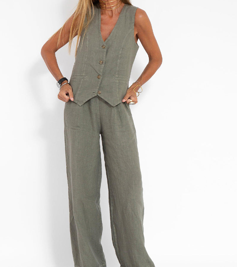 Women's Aira Buttoned Vest and Wide-Leg Trousers Set