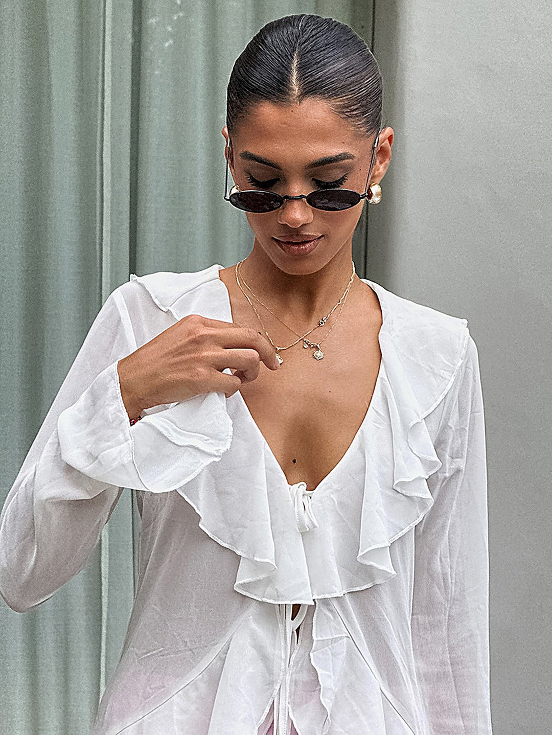 Chiffon V-Neck Flared-Sleeve Blouse