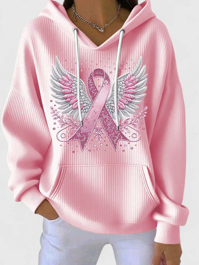 Women's Pink Ribbon Angel Wings Hoodie - Cozy Support Wear