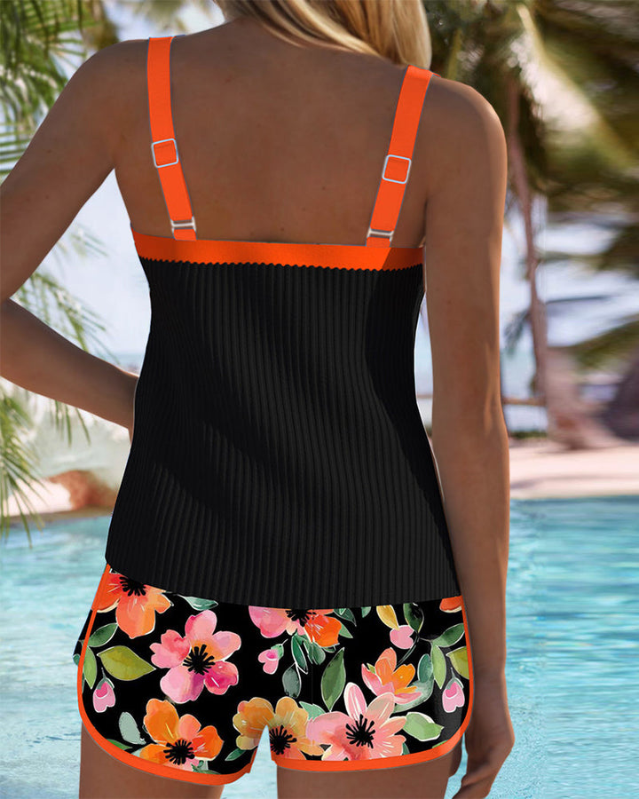 Women's Ribbed & Floral Tankini Shorts Set - Effortless Beach Style