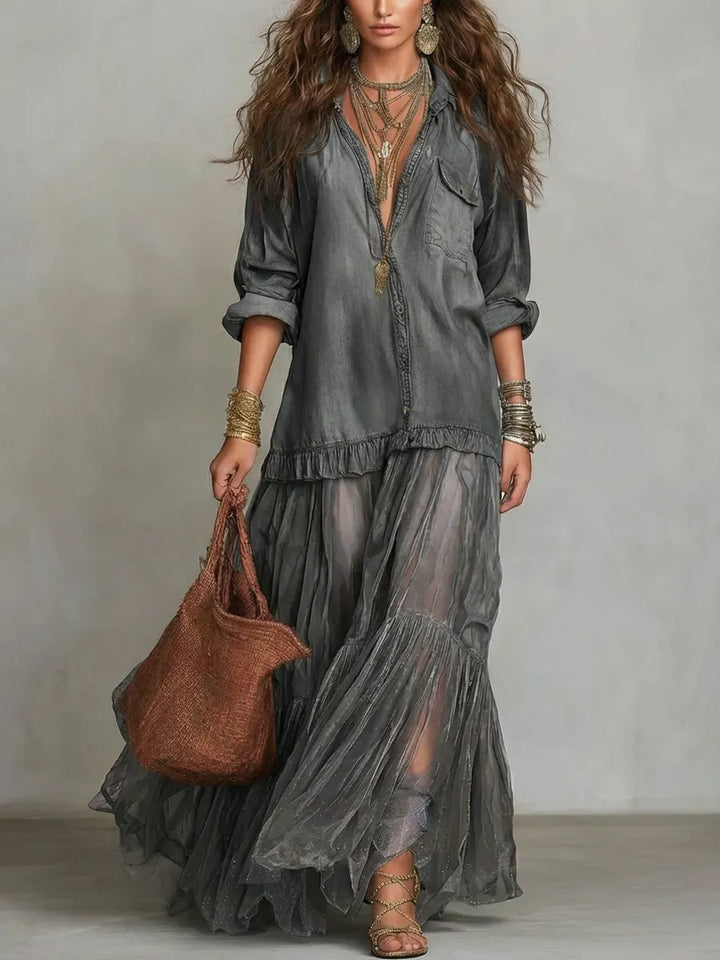 Women's Retro Denim & Organza Patchwork Maxi Dress