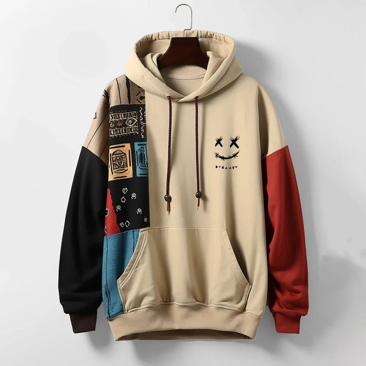 Men's Cotton-Blend Hoodie – Contrast Patchwork Casual