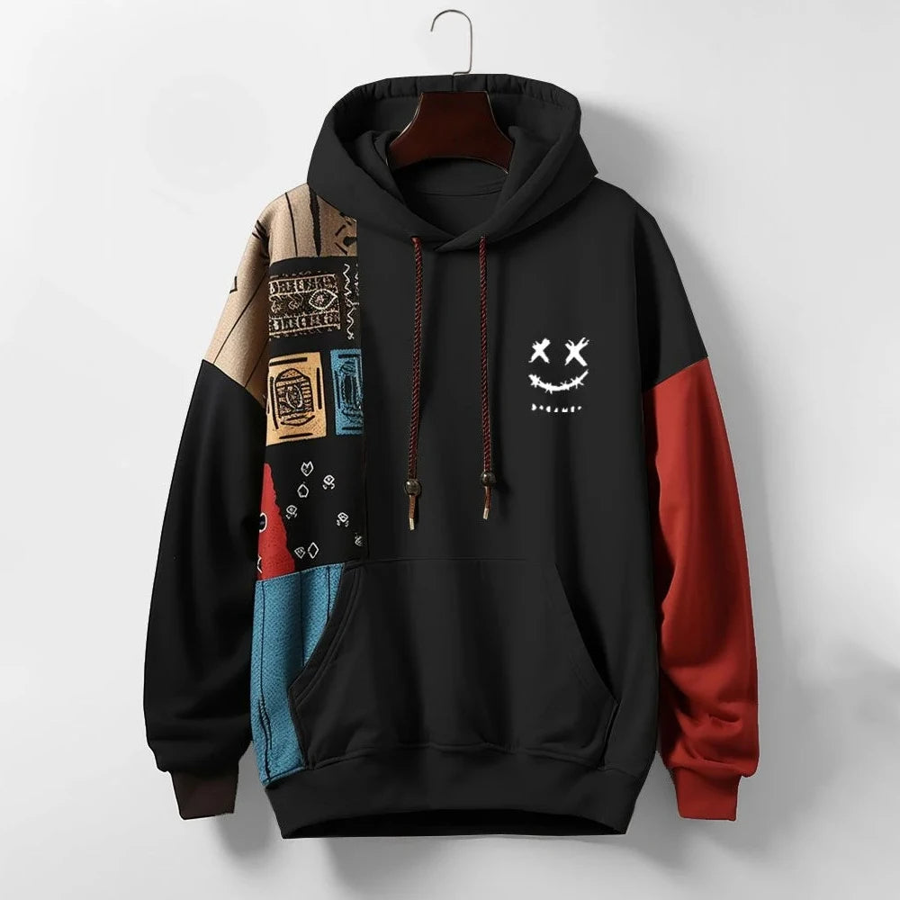 Men's Cotton-Blend Hoodie – Contrast Patchwork Casual