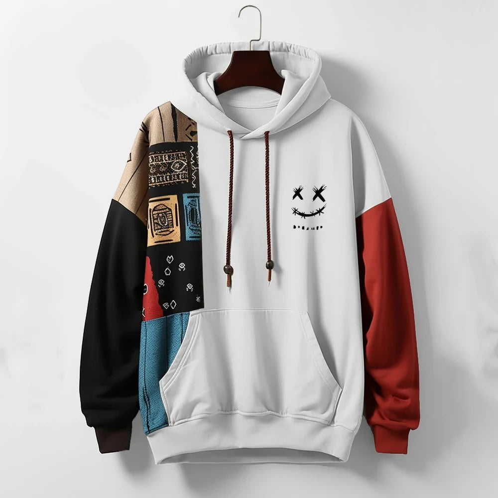 Men's Cotton-Blend Hoodie – Contrast Patchwork Casual