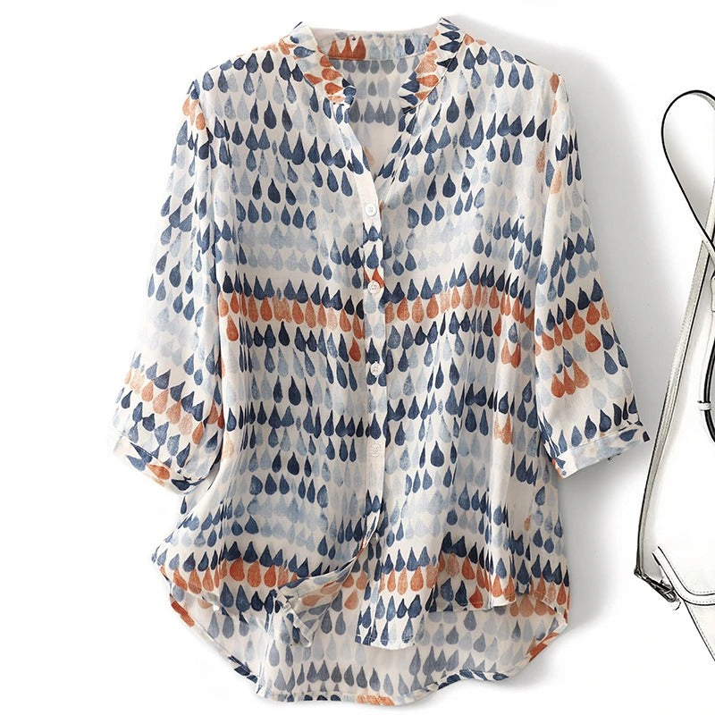 Women's Printed Linen Blouse – Relaxed Raindrop-Print Top