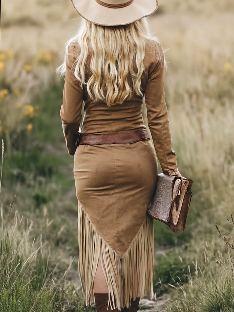 Women's Suede Fringe Dress - Free-Spirited Artistic Style