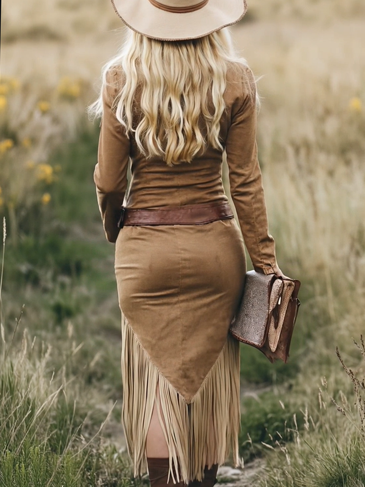 Women's Suede Fringe Dress - Free-Spirited Artistic Style