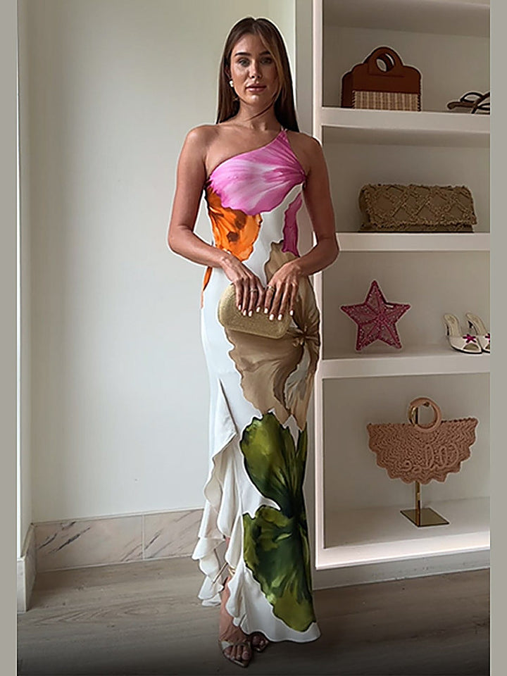 Printed Slit One-Shoulder Maxi Dress