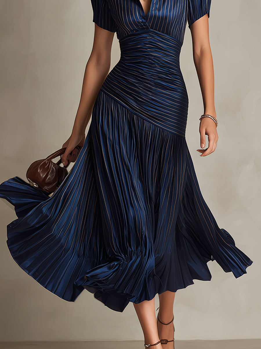 Women's Retro Striped Satin Midi Dress - Elegant Evening Essential