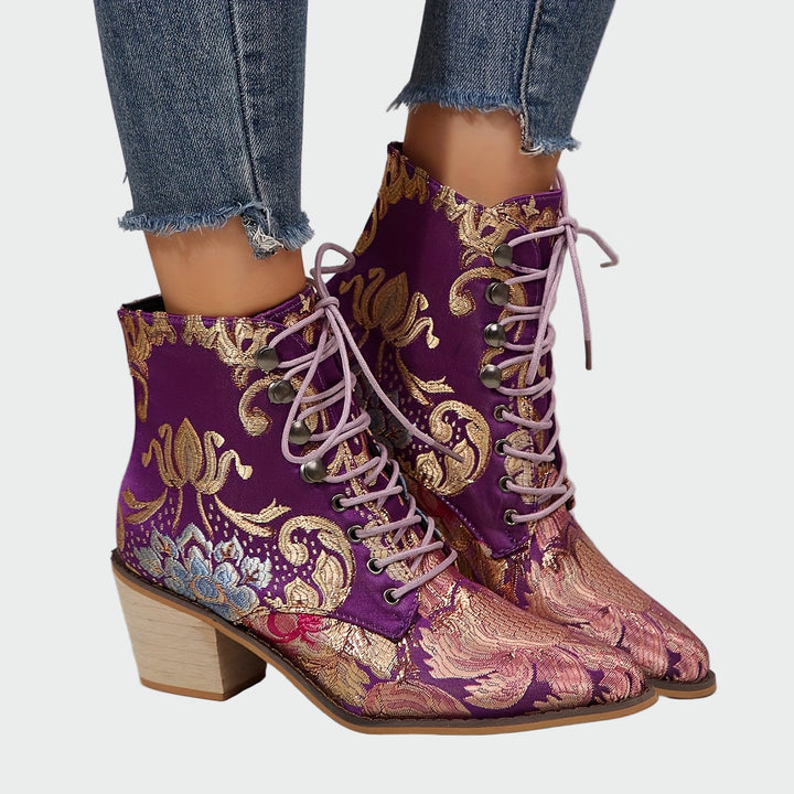Women's Leather Ankle Boots with Embroidered Pattern - Low Heel