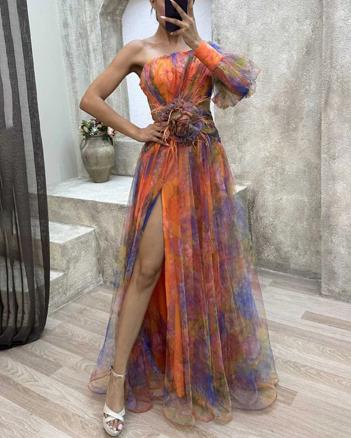 Women's Asymmetric One-Sleeve Slit Dress - Elegant Formal Event Wear