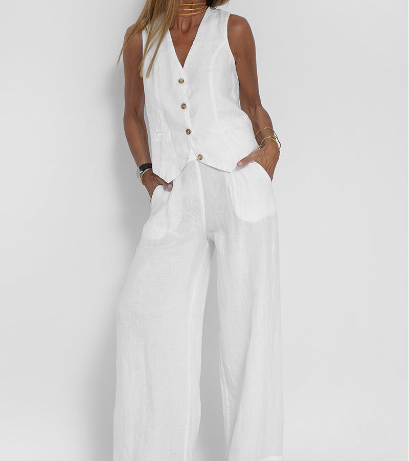 Women's Aira Buttoned Vest and Wide-Leg Trousers Set