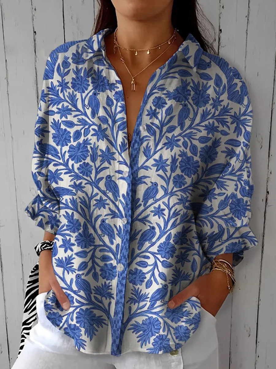 Women's Blue Garden Floral Blouse - Effortless Elegance