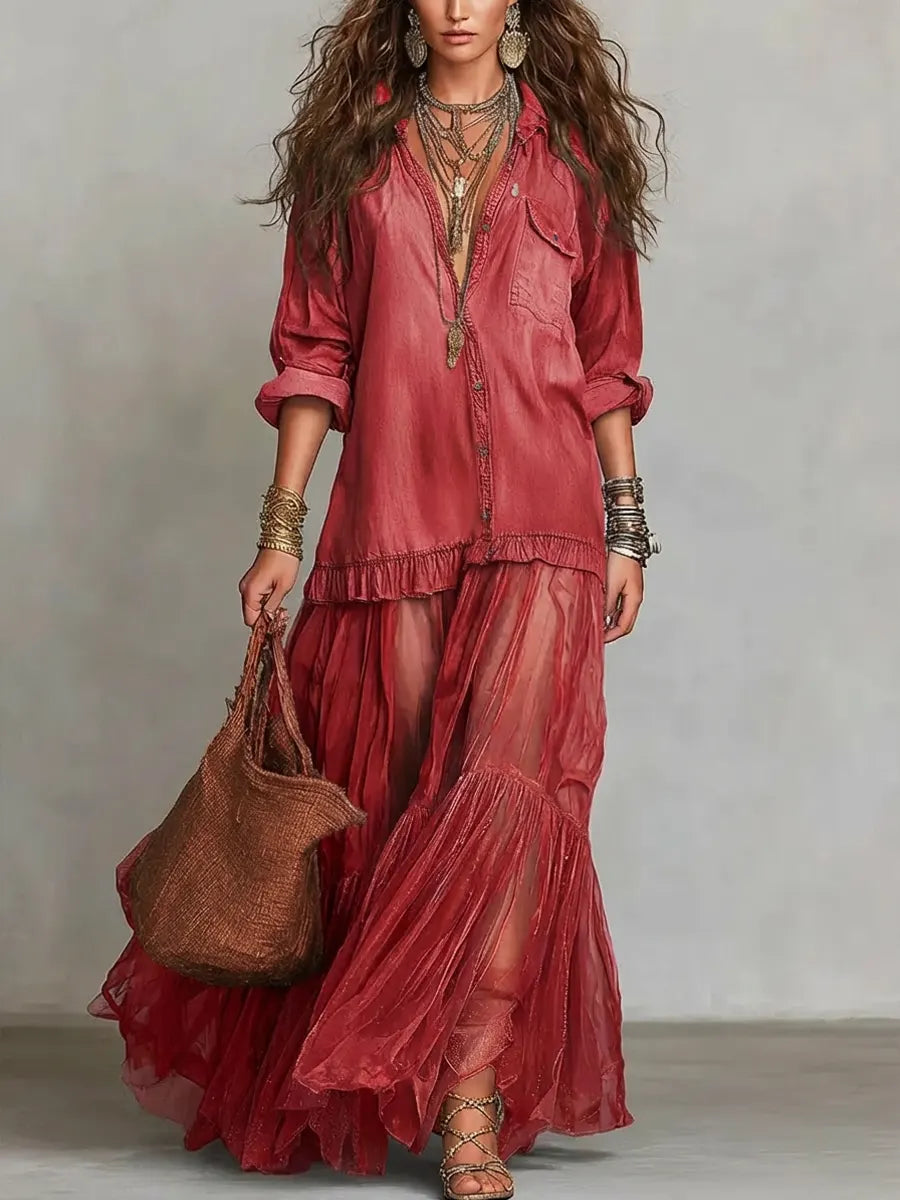 Women's Denim & Organza Patchwork Maxi Dress - Artistic Everyday