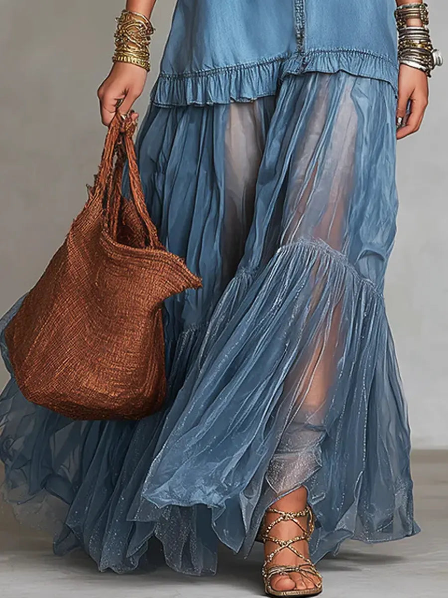Women's Retro Denim & Organza Patchwork Maxi Dress