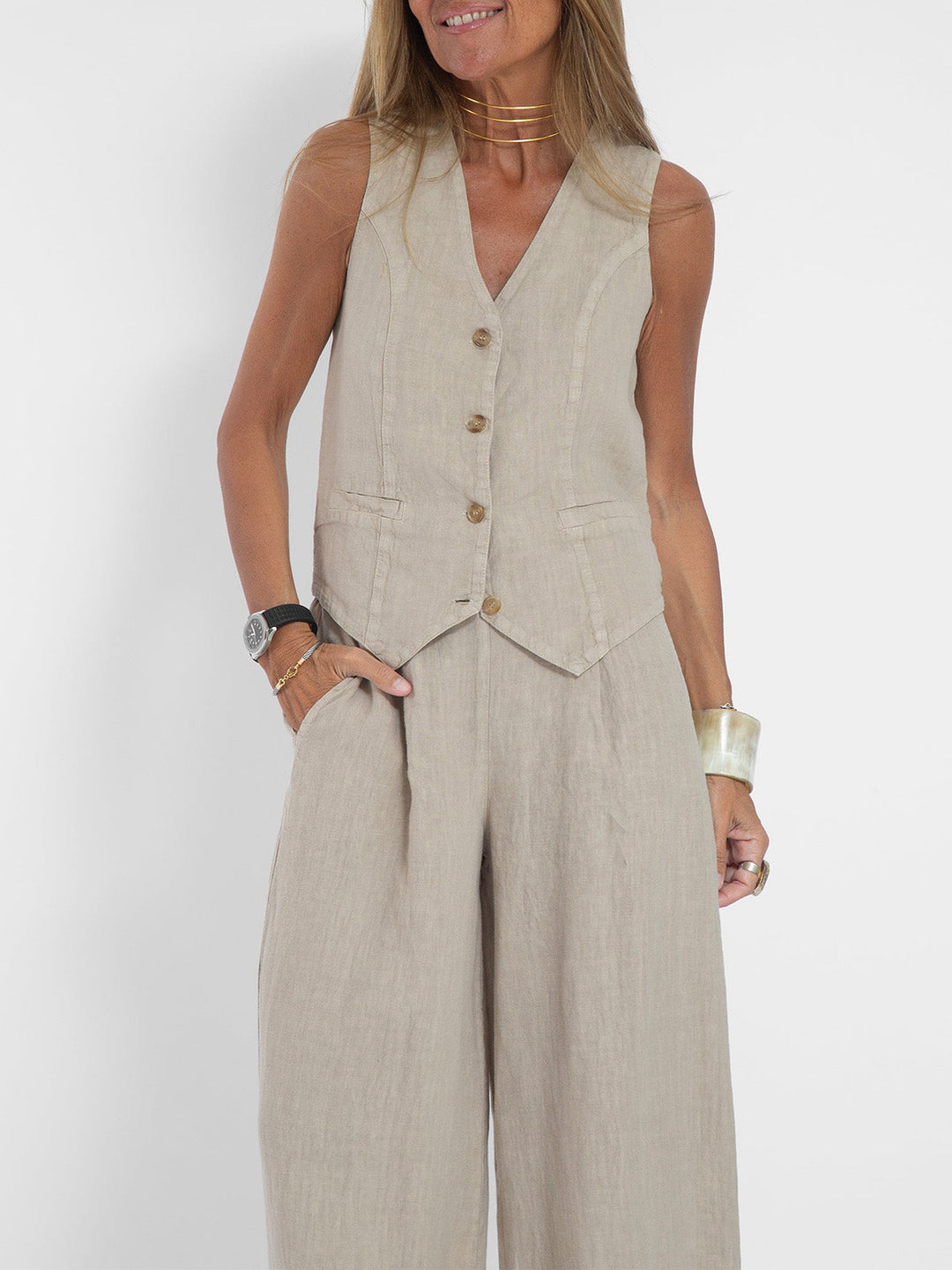 Women's Aira Buttoned Vest and Wide-Leg Trousers Set
