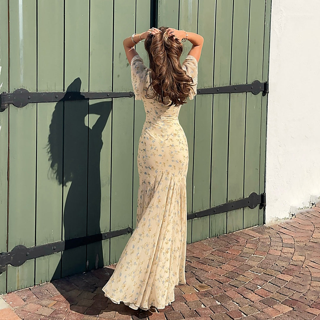 French Slim Floral V-Neck Waist Dress
