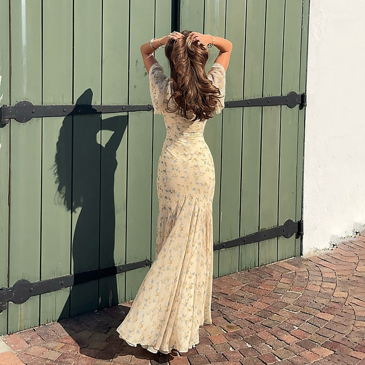 French Slim Floral V-Neck Waist Dress