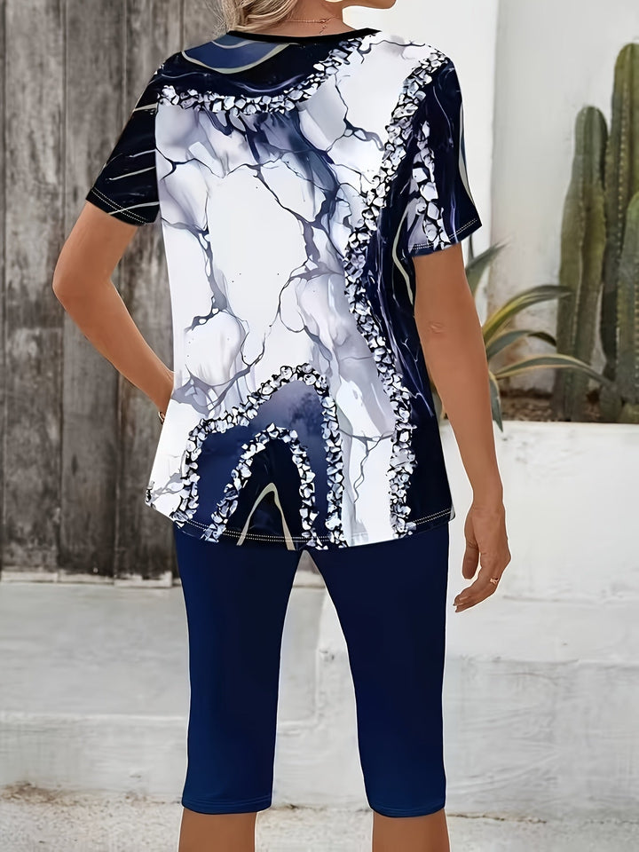 Women's Geometric Print Two-Piece Set - Relaxed Stretch Comfort