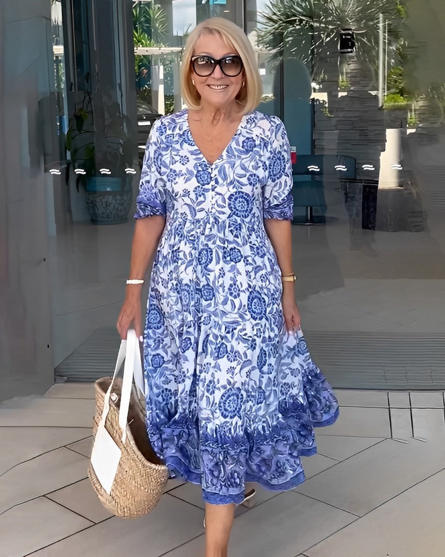 Women's Printed V-Neck Midi Dress - Everyday Elegance